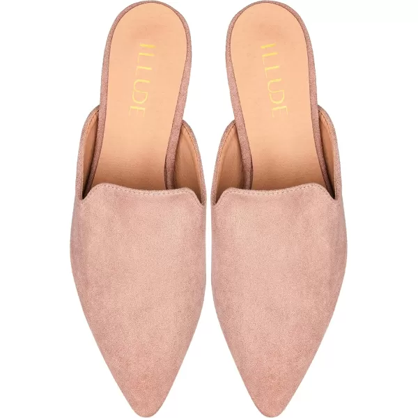 ILLUDE Womens Flat Mules Pointed Toe Backless Slip on Slides Loafer ShoesIndian Pink Suede