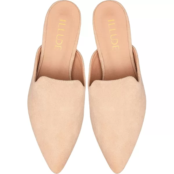 ILLUDE Womens Flat Mules Pointed Toe Backless Slip on Slides Loafer ShoesNude Suede