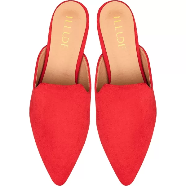 ILLUDE Womens Flat Mules Pointed Toe Backless Slip on Slides Loafer ShoesRed Suede