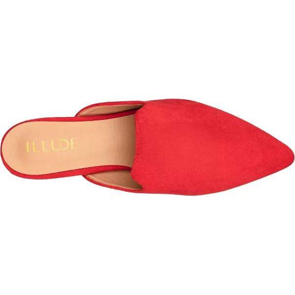 ILLUDE Womens Flat Mules Pointed Toe Backless Slip on Slides Loafer ShoesRed Suede