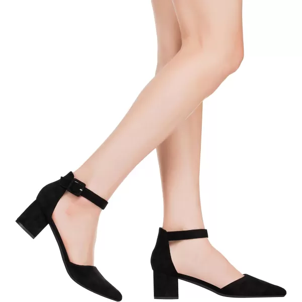 ILLUDE Womens Heels Pointy Closed Toe Pump Ankle Strap Chunky Low Block HeelsBlack Suede
