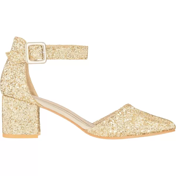 ILLUDE Womens Heels Pointy Closed Toe Pump Ankle Strap Chunky Low Block HeelsGold Glitter