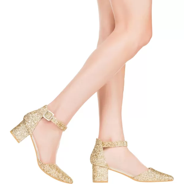 ILLUDE Womens Heels Pointy Closed Toe Pump Ankle Strap Chunky Low Block HeelsGold Glitter
