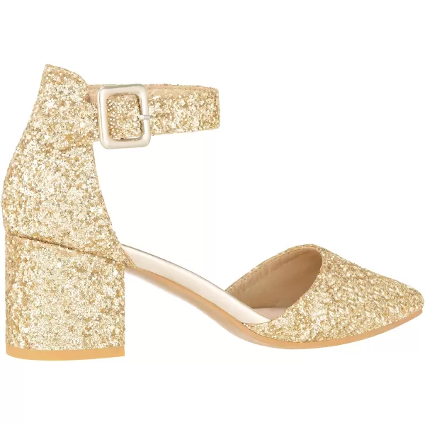 ILLUDE Womens Heels Pointy Closed Toe Pump Ankle Strap Chunky Low Block HeelsGold Glitter