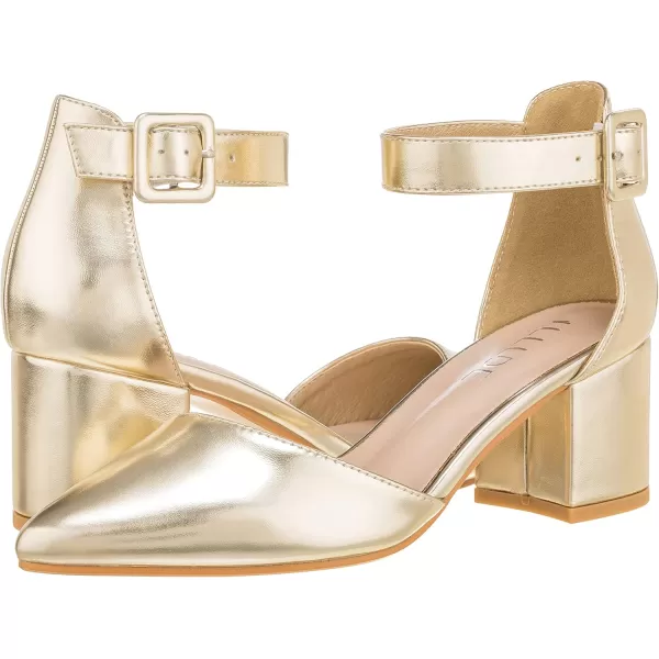 ILLUDE Womens Heels Pointy Closed Toe Pump Ankle Strap Chunky Low Block HeelsGold Pu