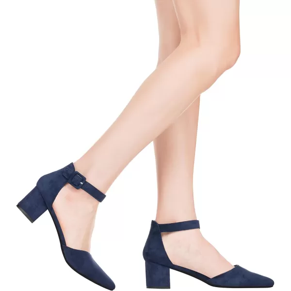 ILLUDE Womens Heels Pointy Closed Toe Pump Ankle Strap Chunky Low Block HeelsNavy Suede
