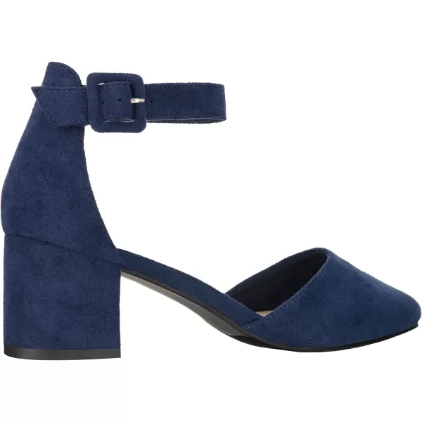 ILLUDE Womens Heels Pointy Closed Toe Pump Ankle Strap Chunky Low Block HeelsNavy Suede