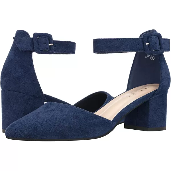 ILLUDE Womens Heels Pointy Closed Toe Pump Ankle Strap Chunky Low Block HeelsNavy Suede