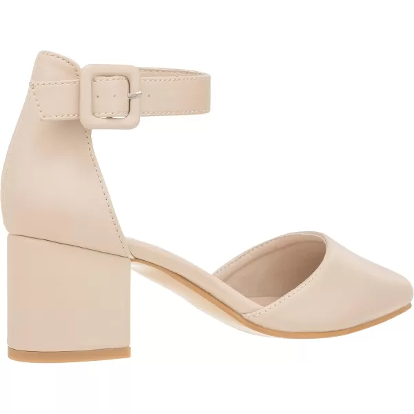 ILLUDE Womens Heels Pointy Closed Toe Pump Ankle Strap Chunky Low Block HeelsNude Pu