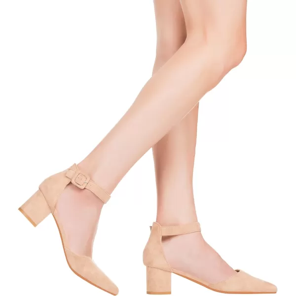 ILLUDE Womens Heels Pointy Closed Toe Pump Ankle Strap Chunky Low Block HeelsNude Suede