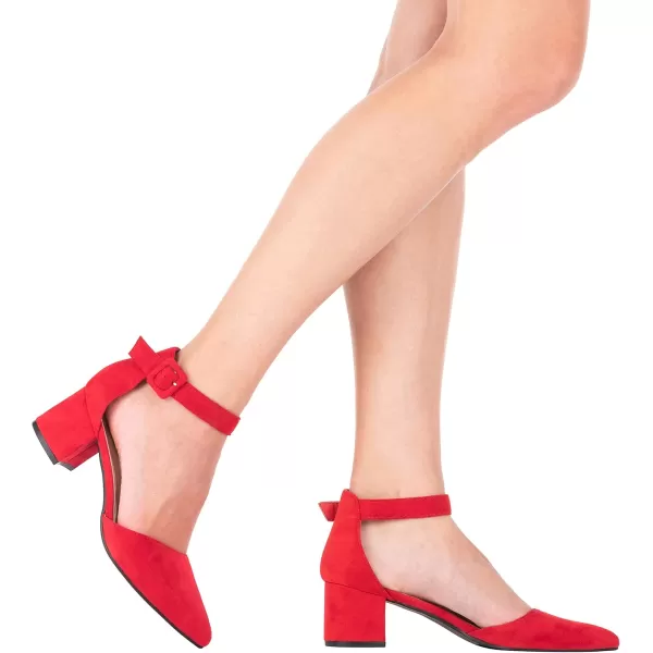 ILLUDE Womens Heels Pointy Closed Toe Pump Ankle Strap Chunky Low Block HeelsRed Suede
