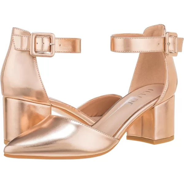 ILLUDE Womens Heels Pointy Closed Toe Pump Ankle Strap Chunky Low Block HeelsRose Gold Pu