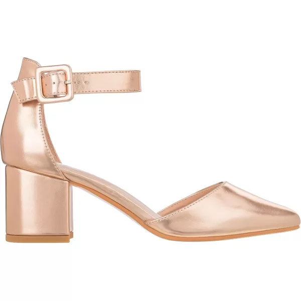 ILLUDE Womens Heels Pointy Closed Toe Pump Ankle Strap Chunky Low Block HeelsRose Gold Pu