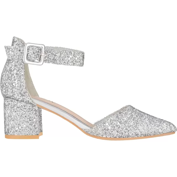ILLUDE Womens Heels Pointy Closed Toe Pump Ankle Strap Chunky Low Block HeelsSilver Glitter