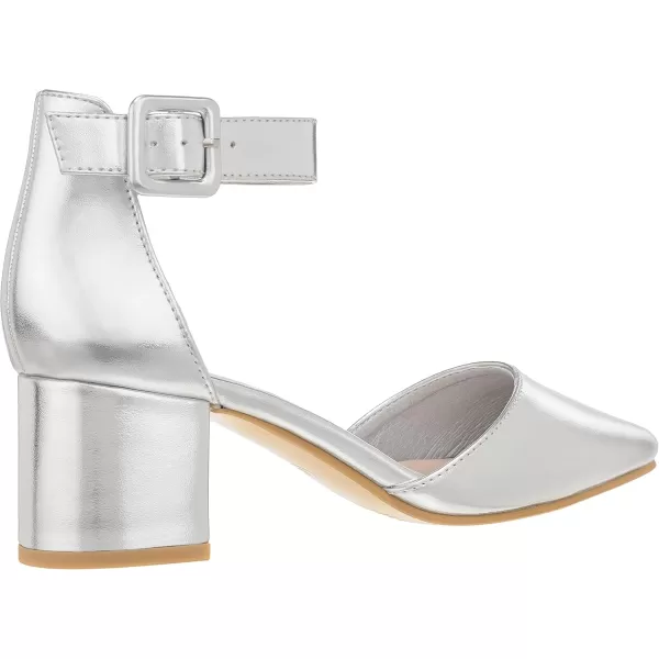 ILLUDE Womens Heels Pointy Closed Toe Pump Ankle Strap Chunky Low Block HeelsSilver Pu