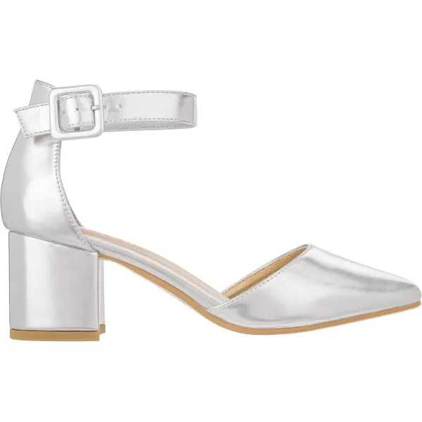 ILLUDE Womens Heels Pointy Closed Toe Pump Ankle Strap Chunky Low Block HeelsSilver Pu