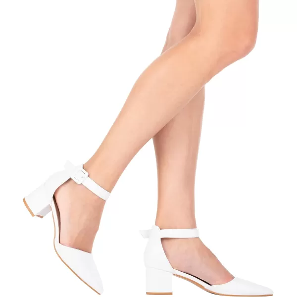 ILLUDE Womens Heels Pointy Closed Toe Pump Ankle Strap Chunky Low Block HeelsWhite Pu
