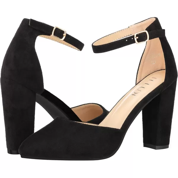 ILLUDE Womens High Block Heels Pumps Pointed Closed Toe Ankle Strap High Heel Pump ShoesBlack Suede
