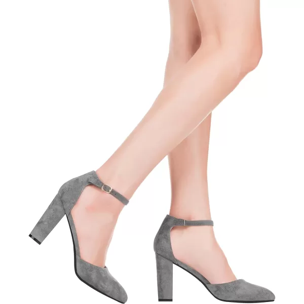 ILLUDE Womens High Block Heels Pumps Pointed Closed Toe Ankle Strap High Heel Pump ShoesGrey Suede