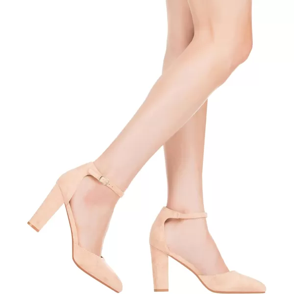 ILLUDE Womens High Block Heels Pumps Pointed Closed Toe Ankle Strap High Heel Pump ShoesNude Suede