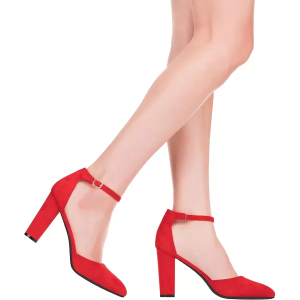 ILLUDE Womens High Block Heels Pumps Pointed Closed Toe Ankle Strap High Heel Pump ShoesRed Suede