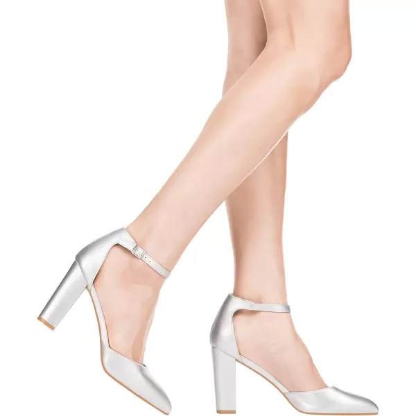 ILLUDE Womens High Block Heels Pumps Pointed Closed Toe Ankle Strap High Heel Pump ShoesSilver Pu