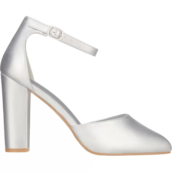 ILLUDE Womens High Block Heels Pumps Pointed Closed Toe Ankle Strap High Heel Pump ShoesSilver Pu