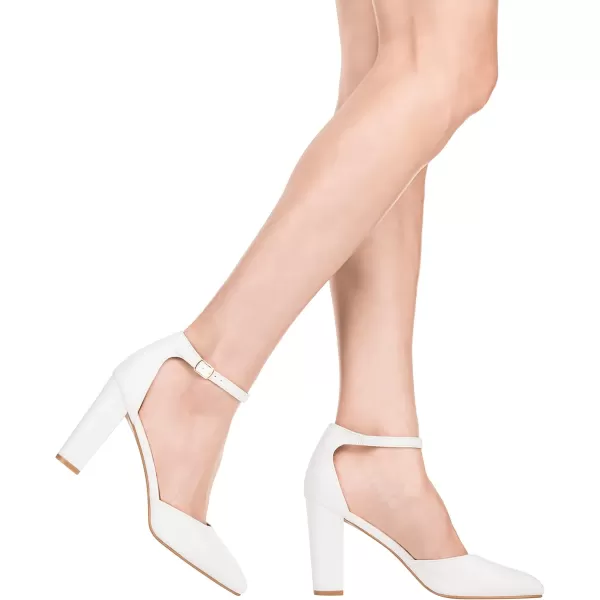 ILLUDE Womens High Block Heels Pumps Pointed Closed Toe Ankle Strap High Heel Pump ShoesWhite Pu