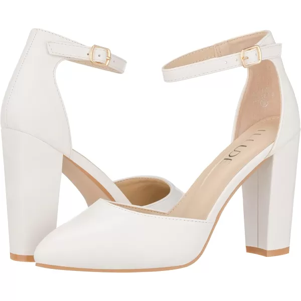 ILLUDE Womens High Block Heels Pumps Pointed Closed Toe Ankle Strap High Heel Pump ShoesWhite Pu