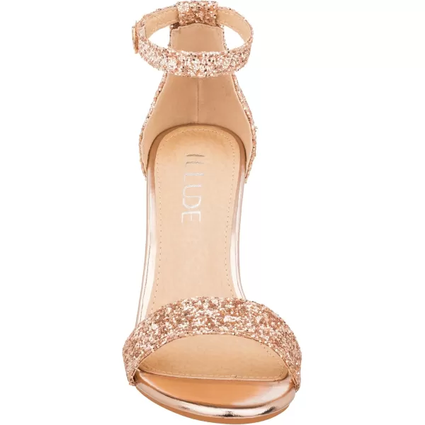 ILLUDE Womens Open Toe Ankle Strap Chunky Block High Heel  Formal Wedding Party Classic Heeled Sandals  RubyChampagne Glitter