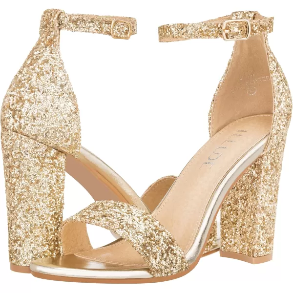 ILLUDE Womens Open Toe Ankle Strap Chunky Block High Heel  Formal Wedding Party Classic Heeled Sandals  RubyGold Glitter