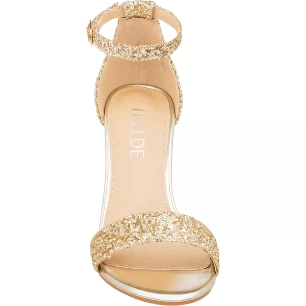 ILLUDE Womens Open Toe Ankle Strap Chunky Block High Heel  Formal Wedding Party Classic Heeled Sandals  RubyGold Glitter
