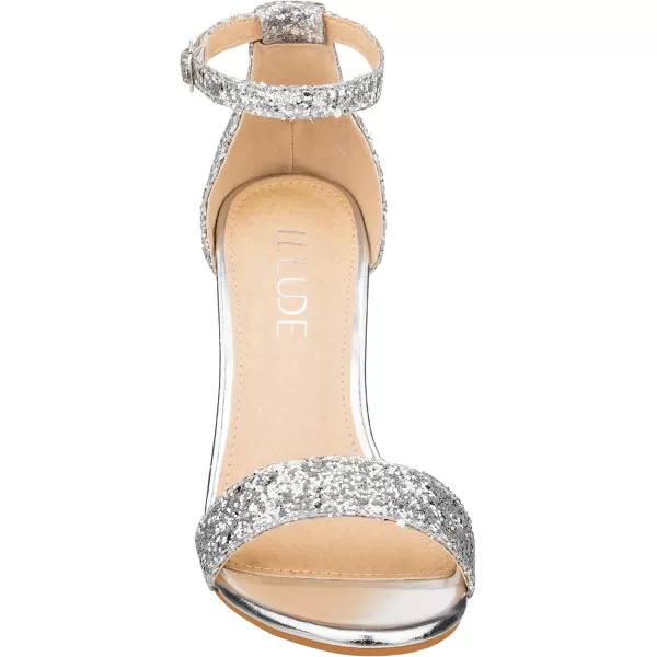 ILLUDE Womens Open Toe Ankle Strap Chunky Block High Heel  Formal Wedding Party Classic Heeled Sandals  RubySilver Glitter