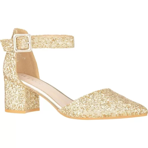 ILLUDE Womens Heels Pointy Closed Toe Pump Ankle Strap Chunky Low Block HeelsGold Glitter