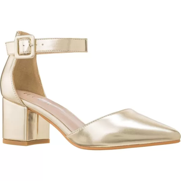 ILLUDE Womens Heels Pointy Closed Toe Pump Ankle Strap Chunky Low Block HeelsGold Pu