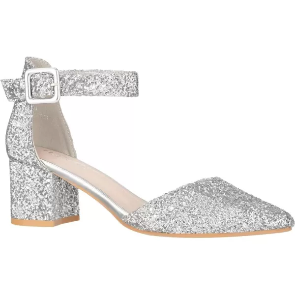 ILLUDE Womens Heels Pointy Closed Toe Pump Ankle Strap Chunky Low Block HeelsSilver Glitter