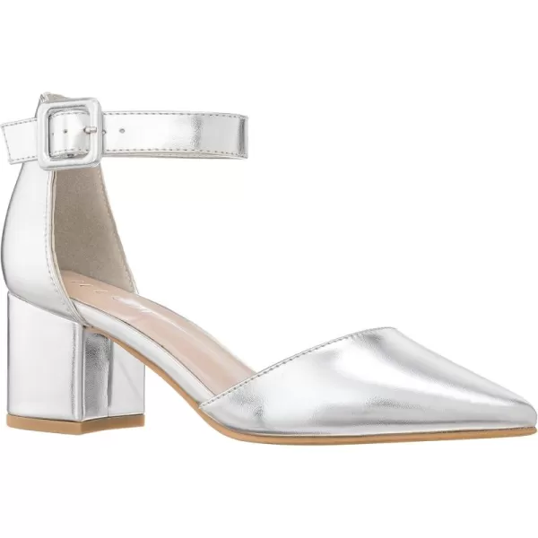 ILLUDE Womens Heels Pointy Closed Toe Pump Ankle Strap Chunky Low Block HeelsSilver Pu