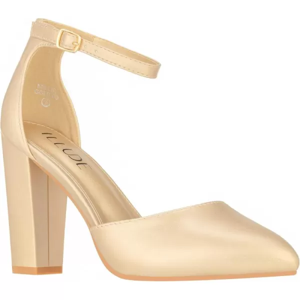 ILLUDE Womens High Block Heels Pumps Pointed Closed Toe Ankle Strap High Heel Pump ShoesGold Pu