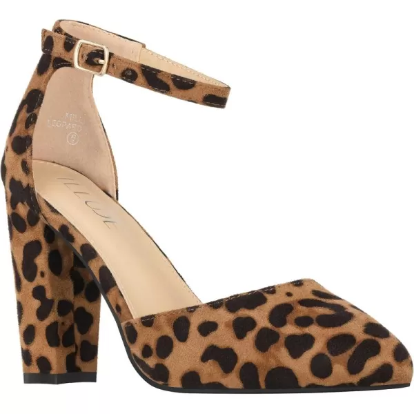 ILLUDE Womens High Block Heels Pumps Pointed Closed Toe Ankle Strap High Heel Pump ShoesLeopard Suede