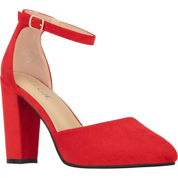 ILLUDE Womens High Block Heels Pumps Pointed Closed Toe Ankle Strap High Heel Pump ShoesRed Suede