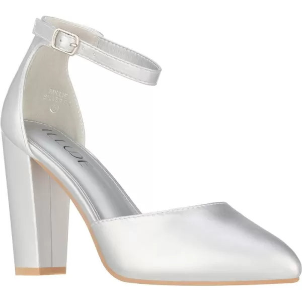 ILLUDE Womens High Block Heels Pumps Pointed Closed Toe Ankle Strap High Heel Pump ShoesSilver Pu