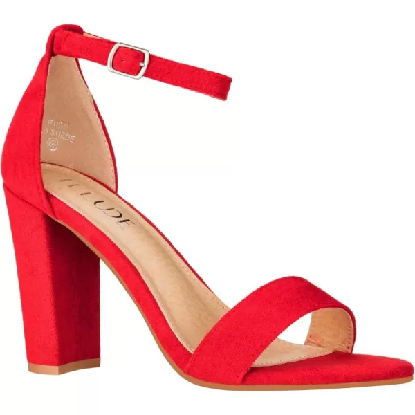 ILLUDE Womens Open Toe Ankle Strap Chunky Block High Heel  Formal Wedding Party Classic Heeled Sandals  RubyRed Suede