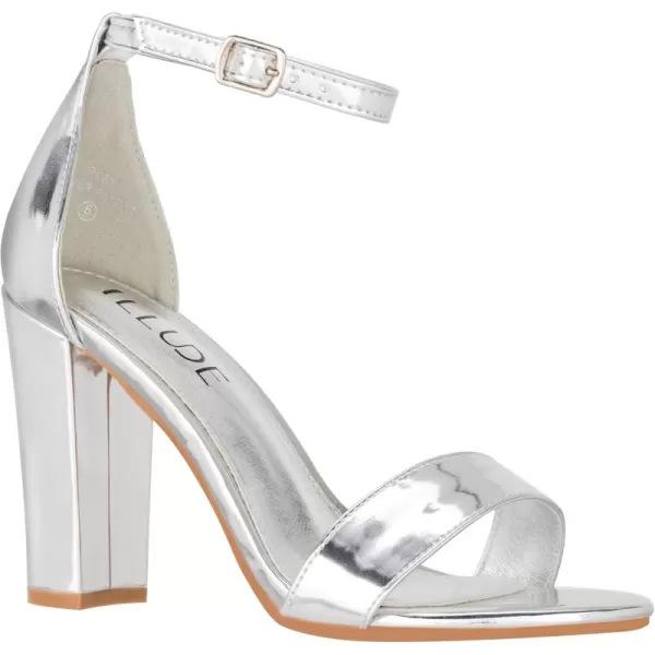ILLUDE Womens Open Toe Ankle Strap Chunky Block High Heel  Formal Wedding Party Classic Heeled Sandals  RubySilver Patent