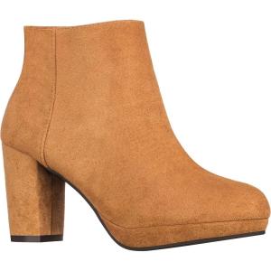 imageILLUDE Womens Ankle Bootie Side Zip Comfortable Block Heel Chunky Platform Ankle BootsTan Suede