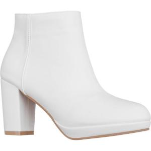 imageILLUDE Womens Ankle Bootie Side Zip Comfortable Block Heel Chunky Platform Ankle BootsWhite Pu