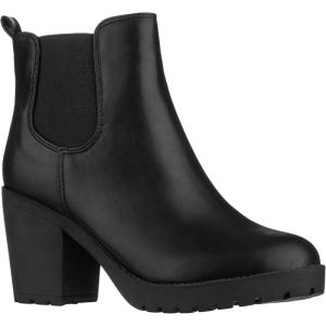 imageILLUDE Womens Ankle Boots Chelsea Bootie Chunky Block Heel Round Toe BootBlack Pu