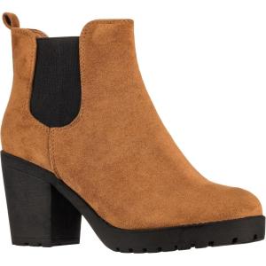 imageILLUDE Womens Ankle Boots Chelsea Bootie Chunky Block Heel Round Toe BootTan Suede