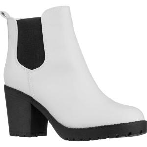 imageILLUDE Womens Ankle Boots Chelsea Bootie Chunky Block Heel Round Toe BootWhite Pu