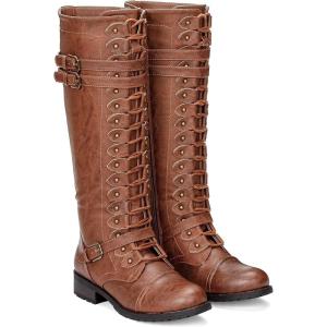 imageILLUDE Womens Knee High Boots Lace Up Buckle Military Combat Boot