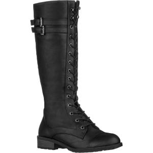 imageILLUDE Womens Knee High Riding Boot Lace Up Buckle Military Combat BootsBlack